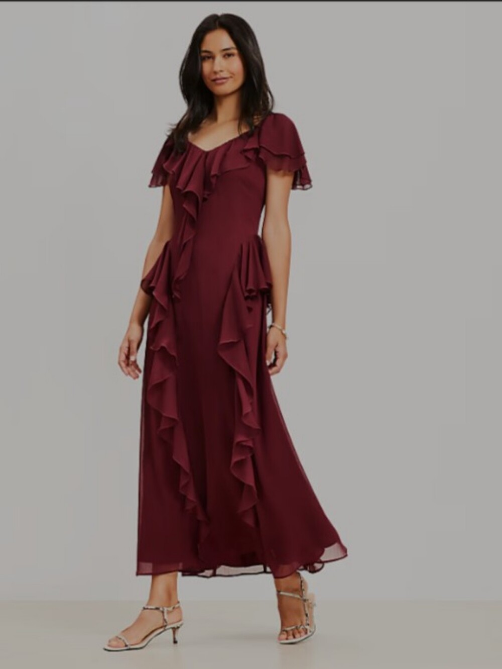 The Loft Ruffled V-Neck Maxi Dress in Burgundy